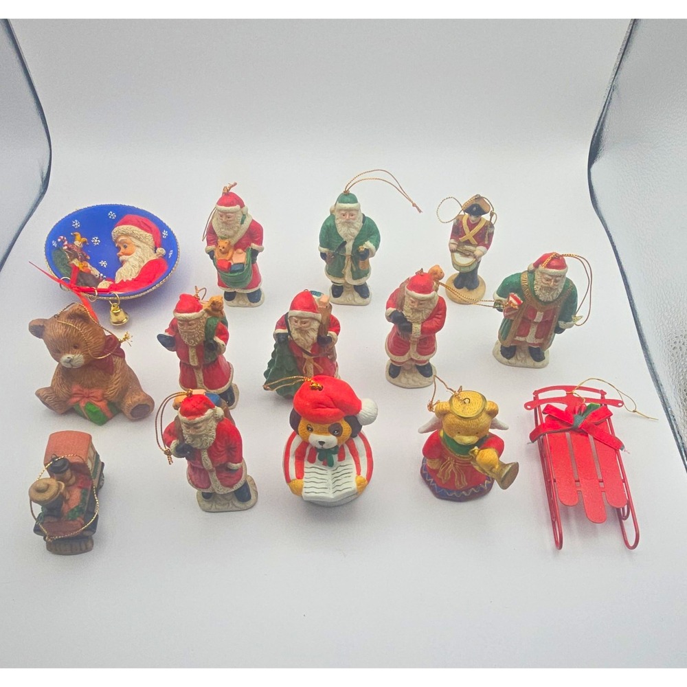 Christmas Hanging Ornament mixed Lot of 14 Santa Bear train sled Vintage